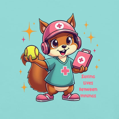 Cute squirrel nurse cartoon in scrubs, pink cap, and headset holding a softball and medical kit with the phrase “Saving Lives Between Innings” — printed on a heavyweight cotton t-shirt