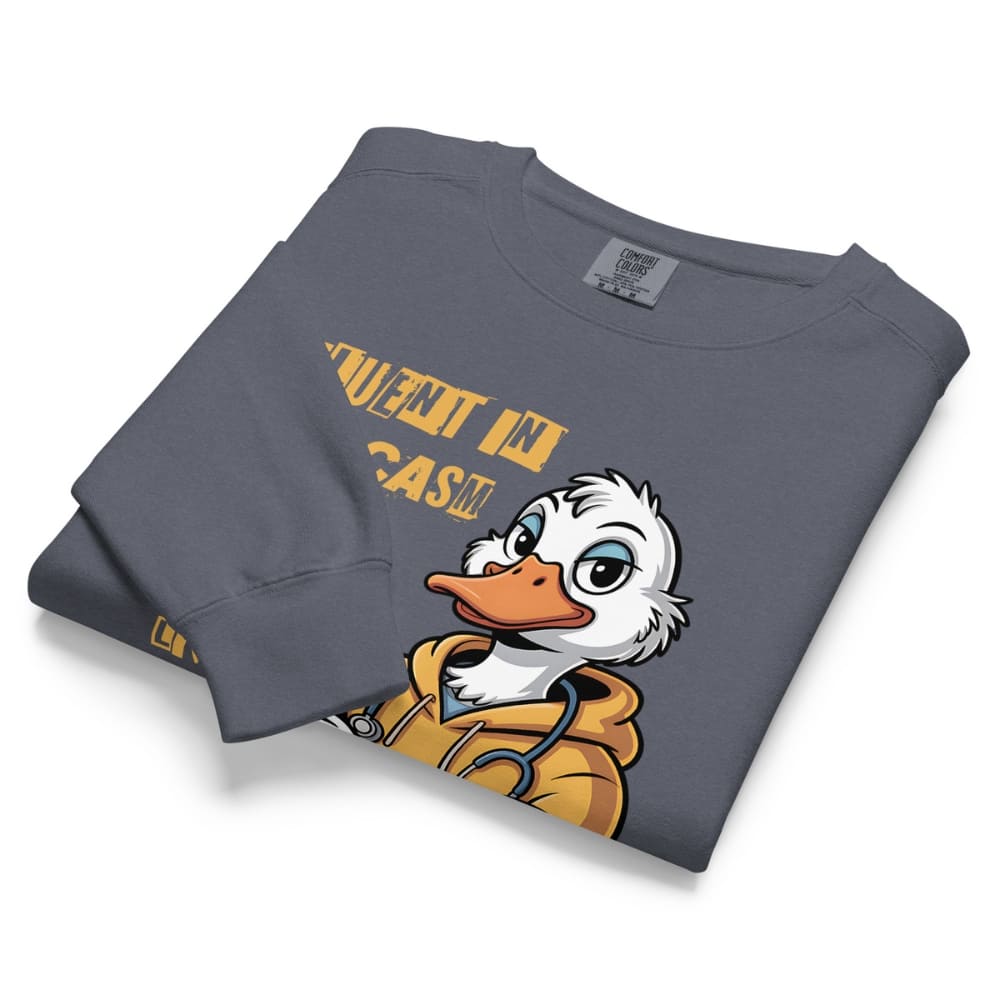 Folded gray sweatshirt with cartoon duck and text 'Lent in Cash' on a white background