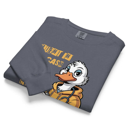Folded gray sweatshirt with cartoon duck and text 'Lent in Cash' on a white background