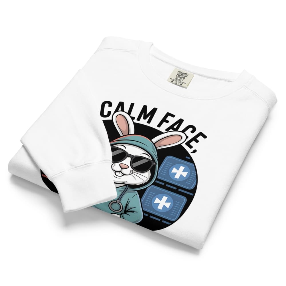 White t-shirt with a graphic design of a rabbit wearing sunglasses and a hood, with text 'CALM FACE' on a white background.