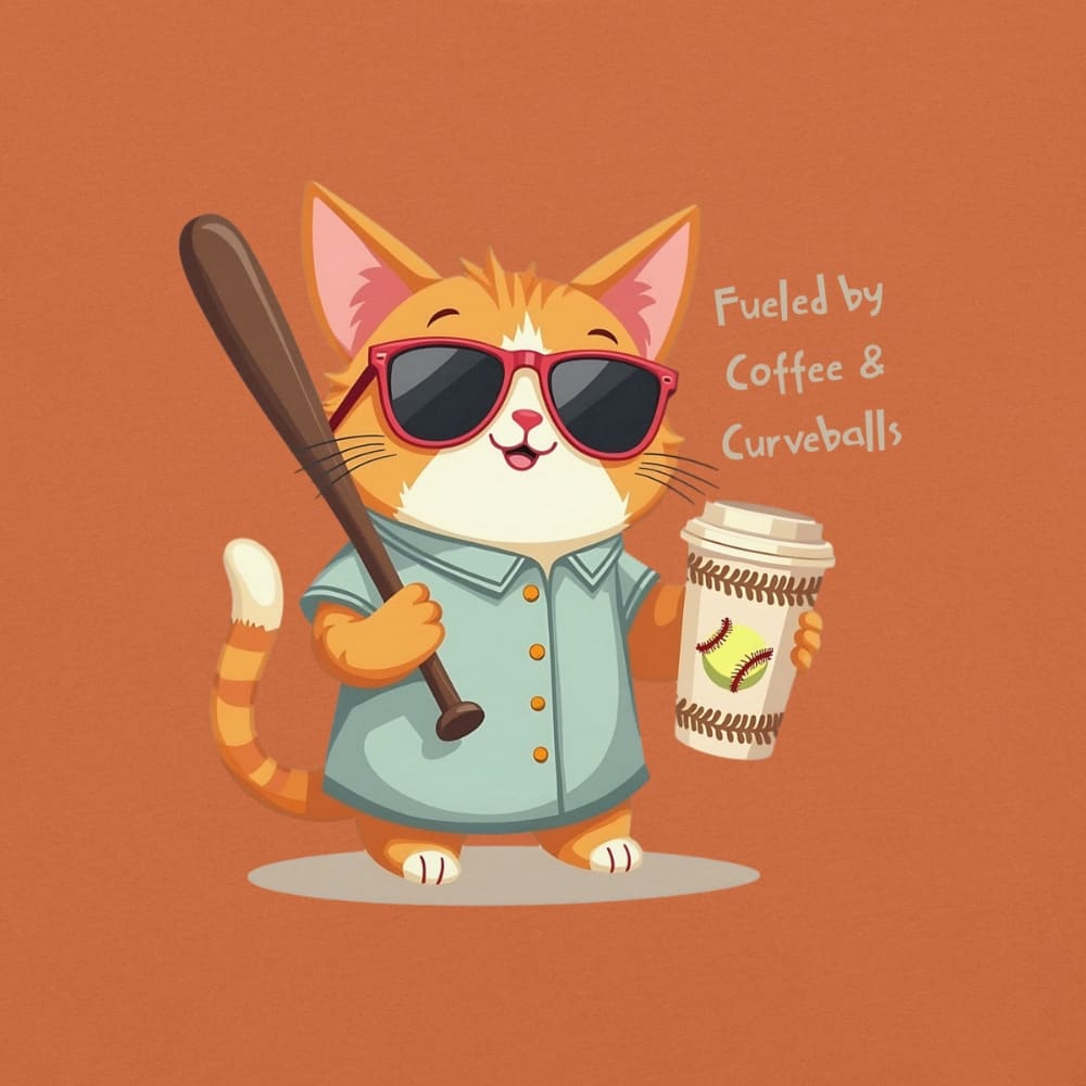 Cool cat with sunglasses holding a softball bat and coffee cup, beside text “Fueled by Coffee & Curveballs” – printed on soft heavyweight t-shirt for sporty moms