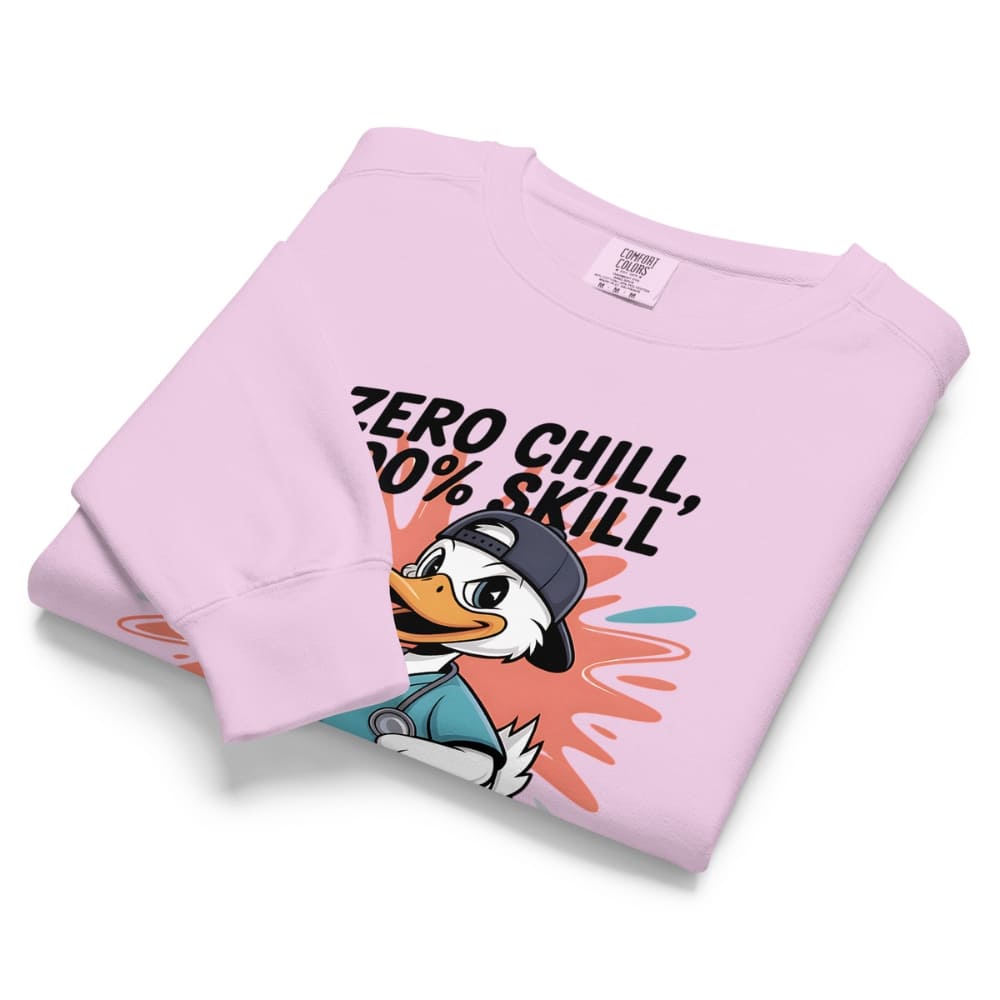 Folded pink sweatshirt with cartoon character and text on a white background