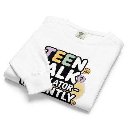 White sweatshirt with colorful text design on a white background
