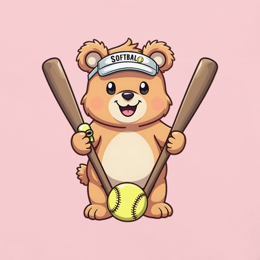 Cartoon bear holding softball bats and ball wearing a visor labeled “Softball” – printed on garment-dyed heavyweight t-shirt for sporty moms