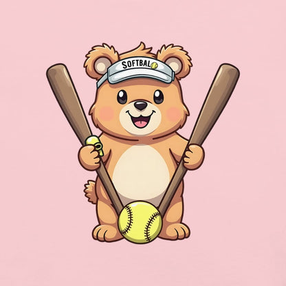 Cartoon bear holding softball bats and ball wearing a visor labeled “Softball” – printed on garment-dyed heavyweight t-shirt for sporty moms