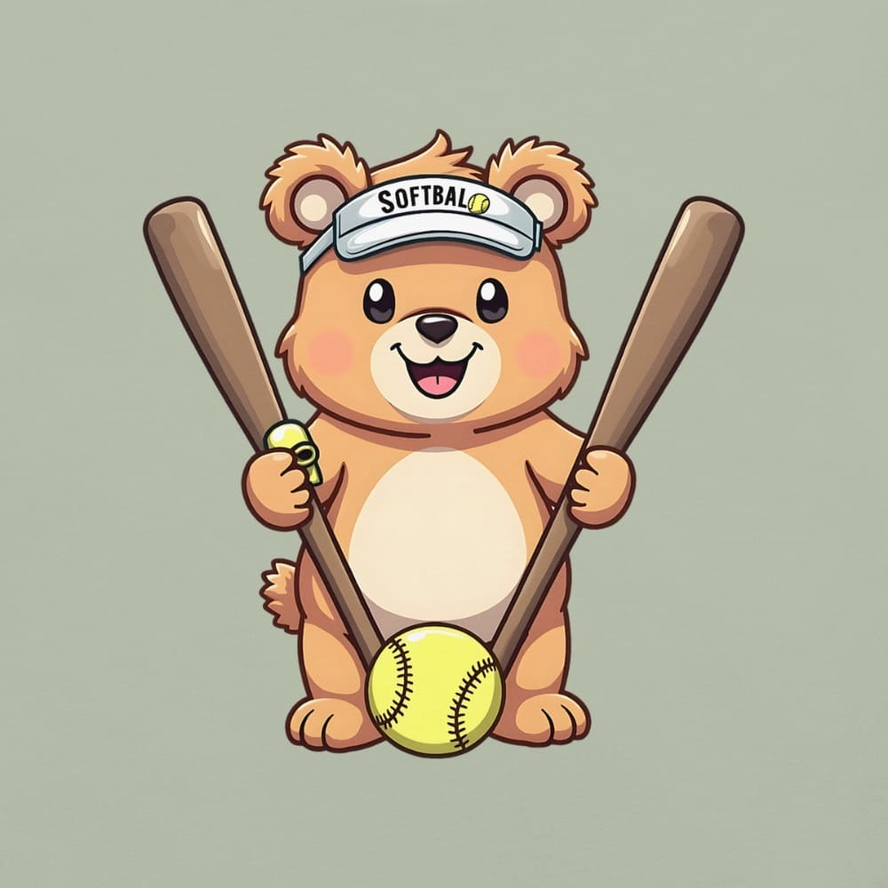 Cartoon bear holding softball bats and ball wearing a visor labeled “Softball” – printed on garment-dyed heavyweight t-shirt for sporty moms
