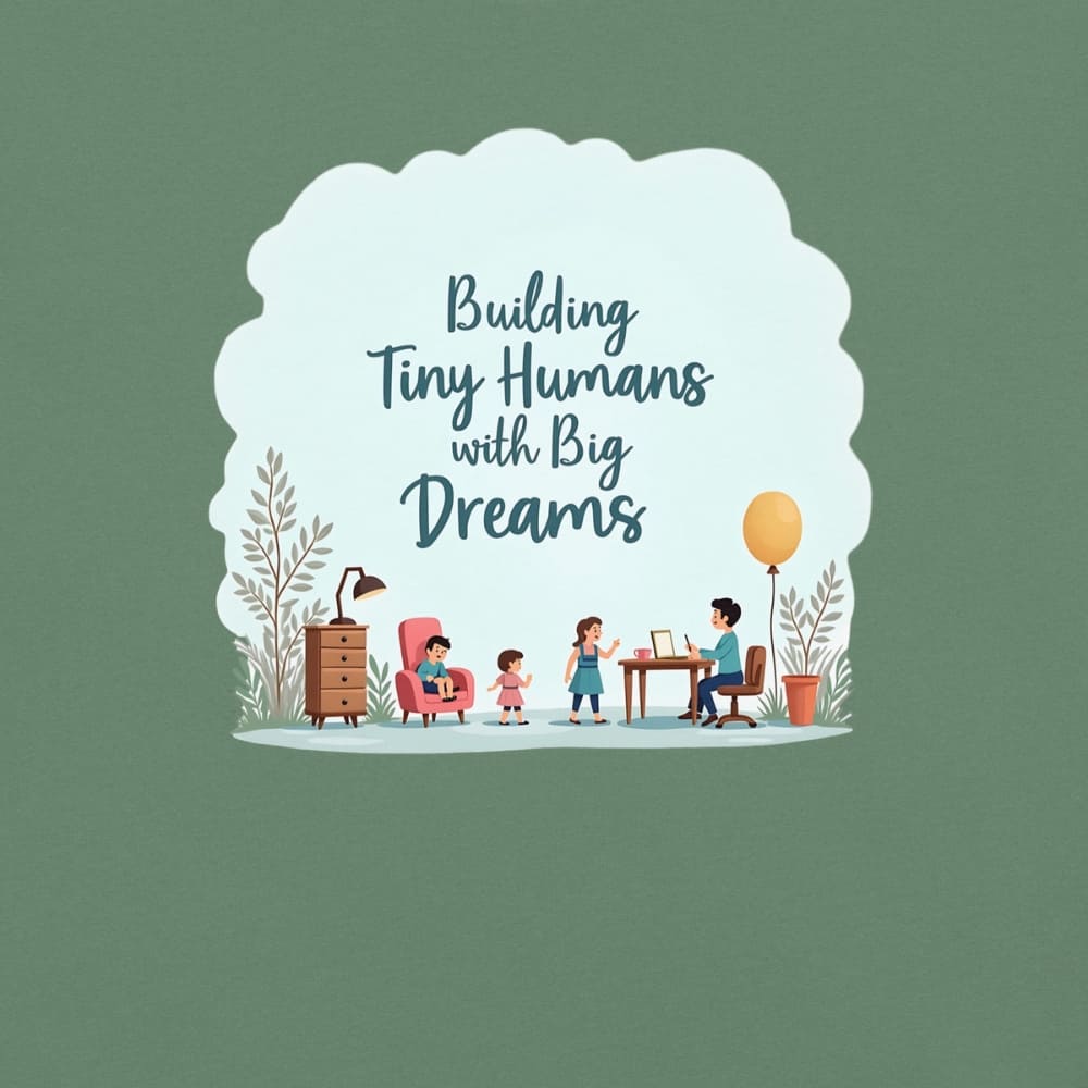 Illustrated t-shirt design with the quote "Building Tiny Humans with Big Dreams" surrounded by a family parenting scene