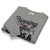 Folded gray sweatshirt with text and graphics on a white background