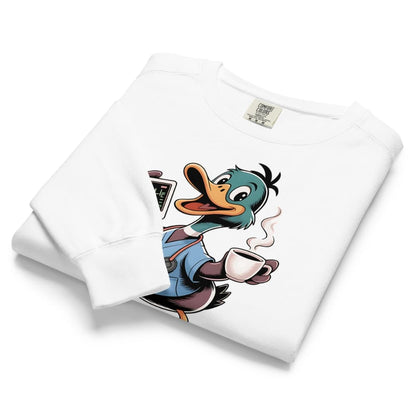 White t-shirt with cartoon duck design on a white background