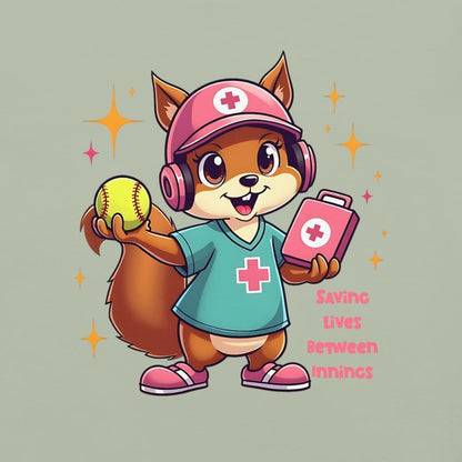 Cute squirrel nurse cartoon in scrubs, pink cap, and headset holding a softball and medical kit with the phrase “Saving Lives Between Innings” — printed on a heavyweight cotton t-shirt