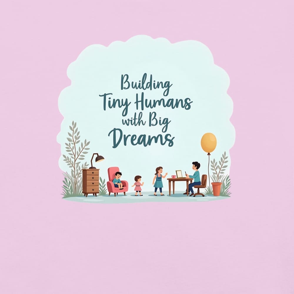 Illustrated t-shirt design with the quote "Building Tiny Humans with Big Dreams" surrounded by a family parenting scene