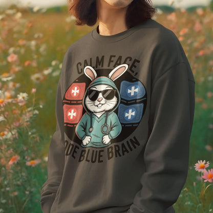 Person wearing a sweatshirt with a cartoon character and text in a field