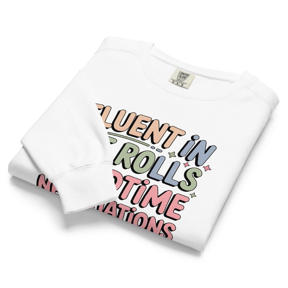 White t-shirt with colorful text design on a white background