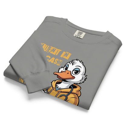 Folded gray sweatshirt with cartoon duck character and text on a white background