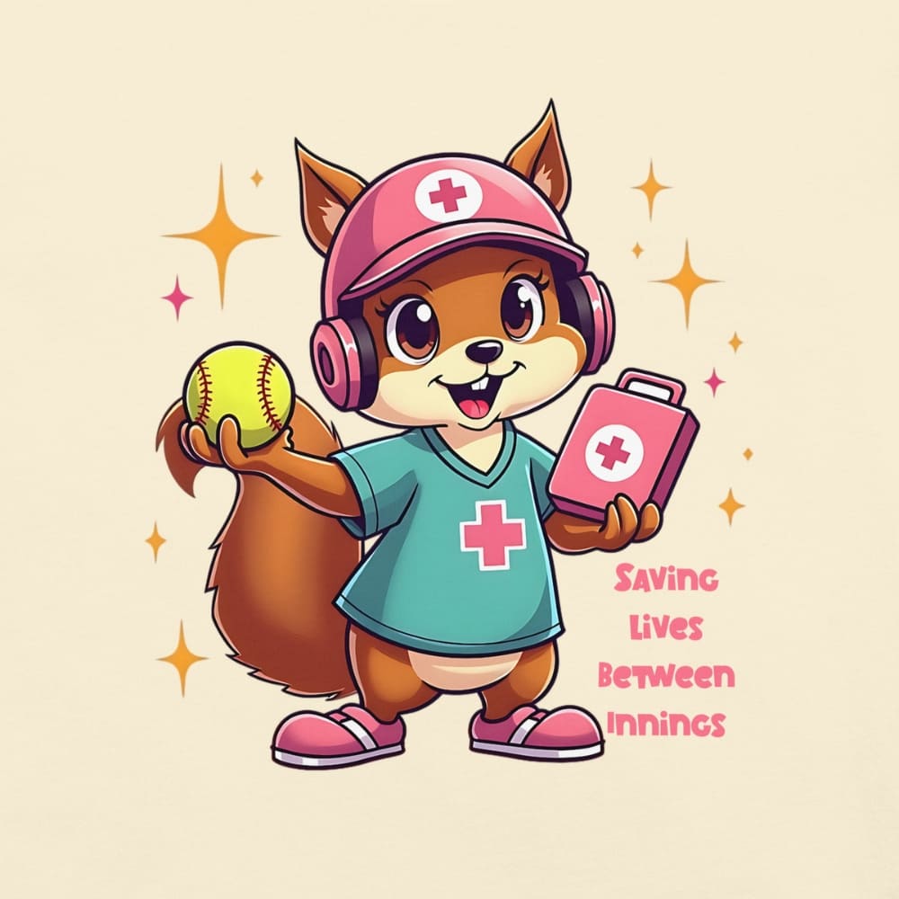 Cute squirrel nurse cartoon in scrubs, pink cap, and headset holding a softball and medical kit with the phrase “Saving Lives Between Innings” — printed on a heavyweight cotton t-shirt
