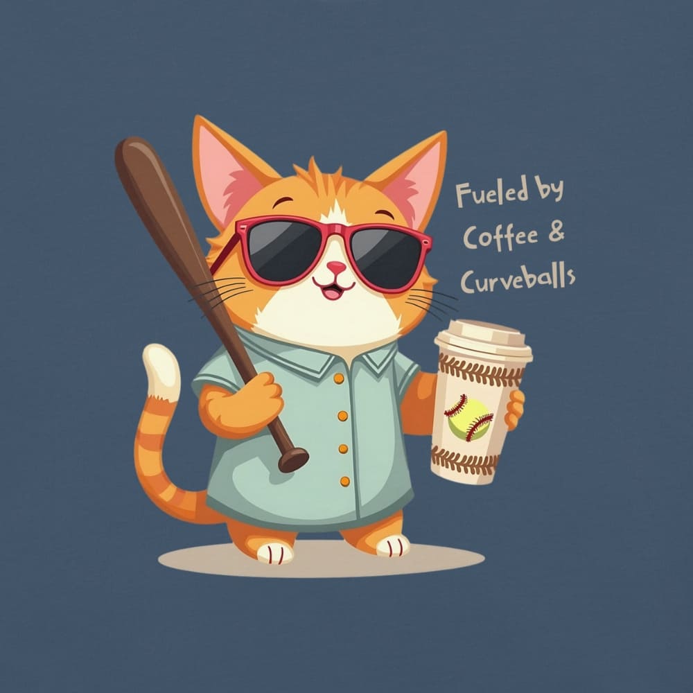 Cool cat with sunglasses holding a softball bat and coffee cup, beside text “Fueled by Coffee & Curveballs” – printed on soft heavyweight t-shirt for sporty moms