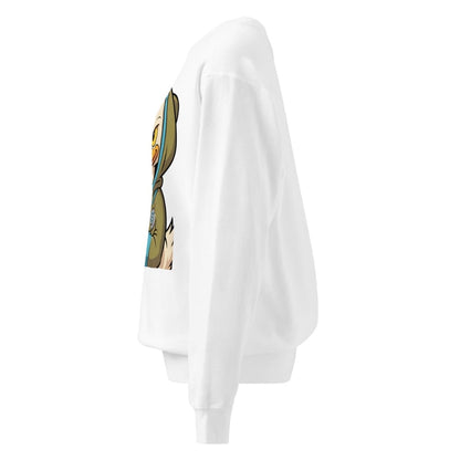 White sweatshirt with a graphic design on the chest against a white background