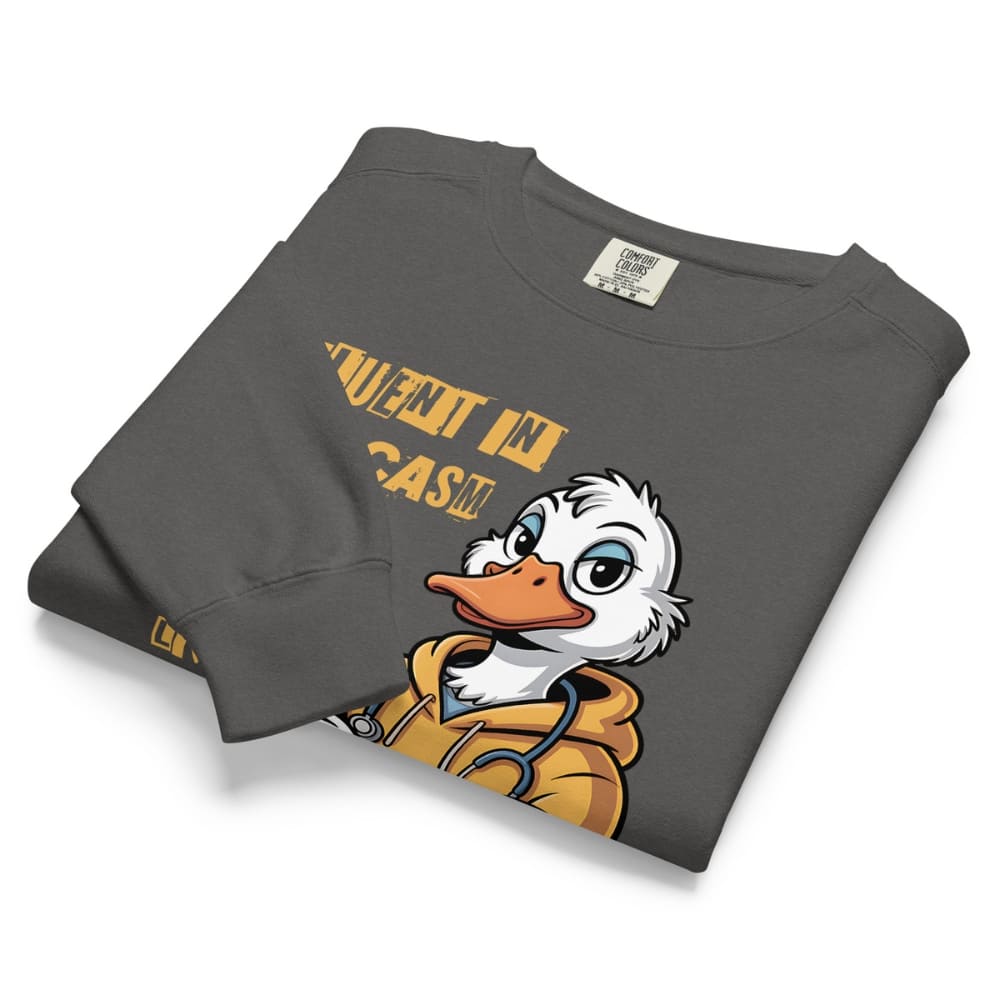 Folded gray sweatshirt with cartoon duck character and text on a white background