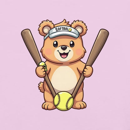 Cartoon bear holding softball bats and ball wearing a visor labeled “Softball” – printed on garment-dyed heavyweight t-shirt for sporty moms