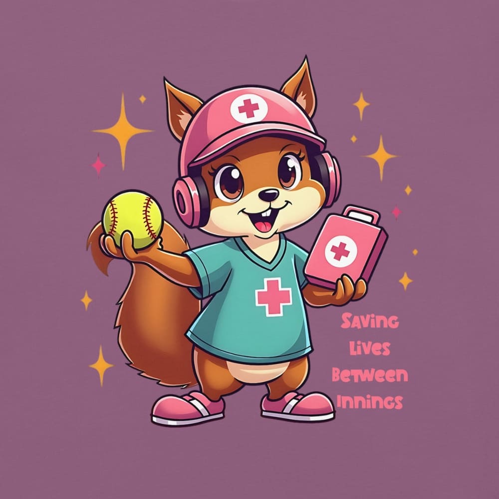 Cute cartoon nurse squirrel in scrubs and cap holding a softball and first aid kit with quote “Saving Lives Between Innings” – printed on garment-dyed heavyweight cotton shirt for nurse softball moms