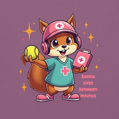 Cute cartoon nurse squirrel in scrubs and cap holding a softball and first aid kit with quote “Saving Lives Between Innings” – printed on garment-dyed heavyweight cotton shirt for nurse softball moms