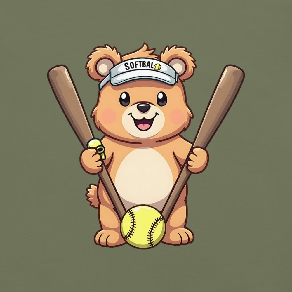 Cartoon bear holding softball bats and ball wearing a visor labeled “Softball” – printed on garment-dyed heavyweight t-shirt for sporty moms