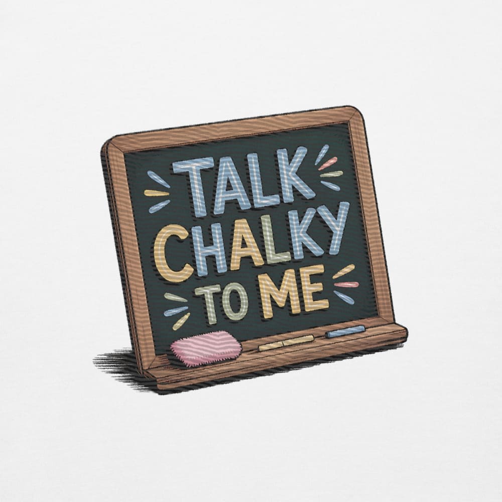 “Dark green chalkboard-themed embroidery that says ‘Talk Chalky to Me’ on a premium cotton sweatshirt – funny teacher gift idea”