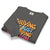 Folded gray sweatshirt with colorful text design on a white background
