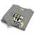 Folded gray sweatshirt with colorful text design on a white background