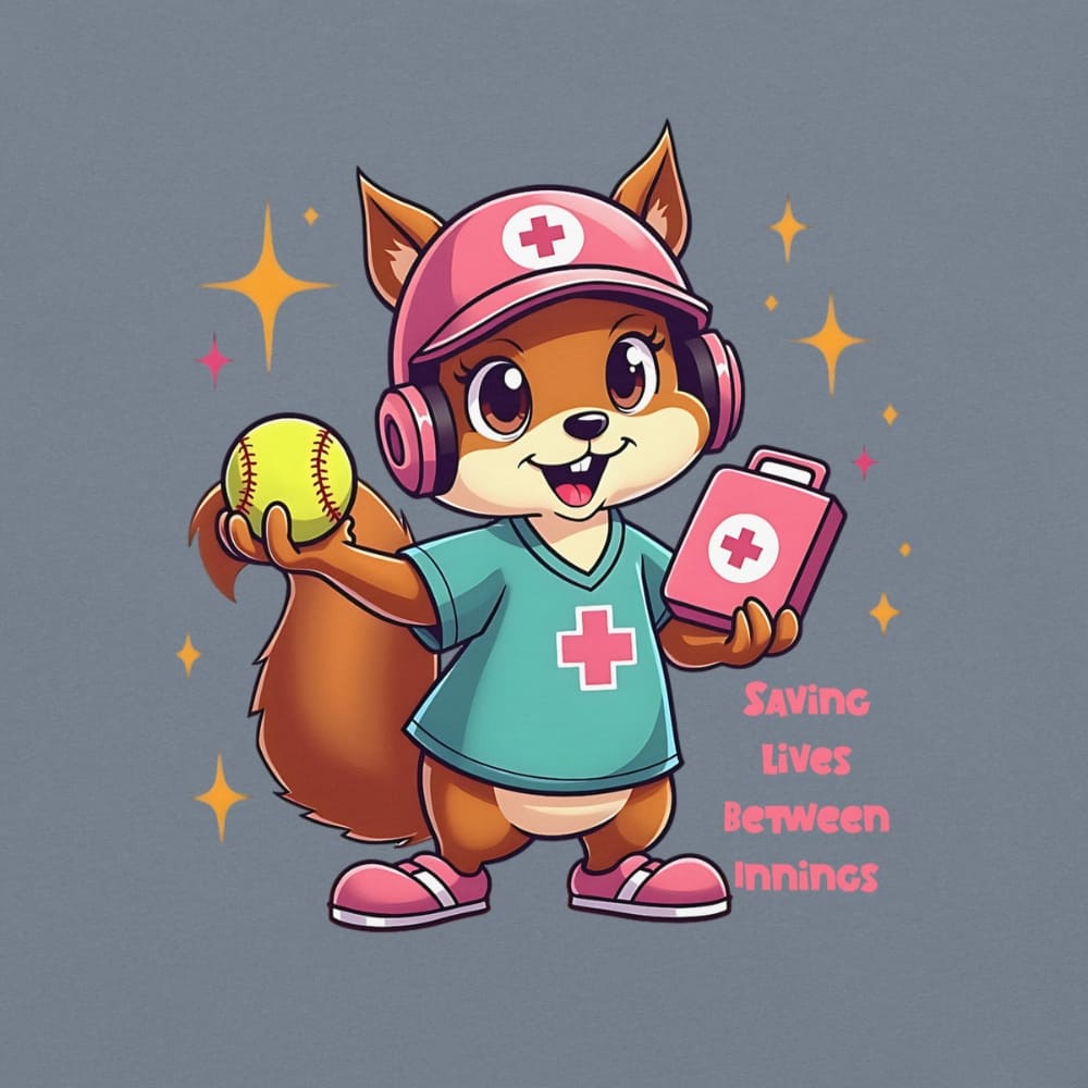 Cute squirrel nurse cartoon in scrubs, pink cap, and headset holding a softball and medical kit with the phrase “Saving Lives Between Innings” — printed on a heavyweight cotton t-shirt