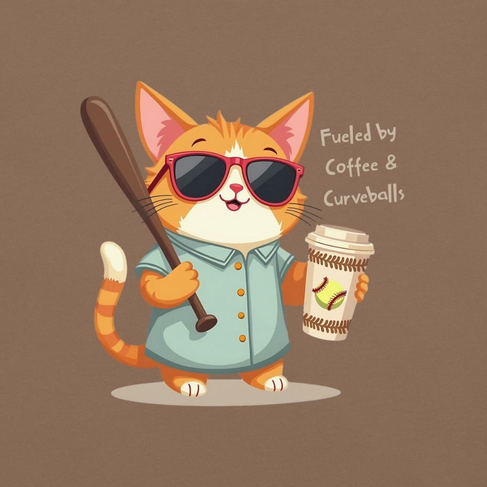 Cool cat with sunglasses holding a softball bat and coffee cup, beside text “Fueled by Coffee & Curveballs” – printed on soft heavyweight t-shirt for sporty moms