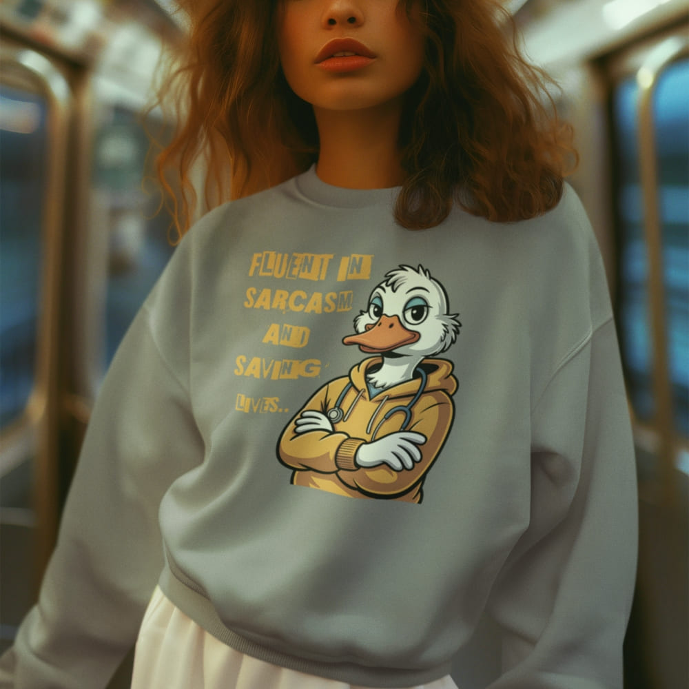 Person wearing a sweatshirt with a cartoon character and text in an indoor setting