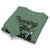 Folded green sweatshirt with text and graphics on a white background