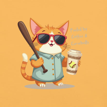 Cool cat with sunglasses holding a softball bat and coffee cup, beside text “Fueled by Coffee & Curveballs” – printed on soft heavyweight t-shirt for sporty moms