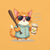 Cool cat with sunglasses holding a softball bat and coffee cup, beside text “Fueled by Coffee & Curveballs” – printed on soft heavyweight t-shirt for sporty moms