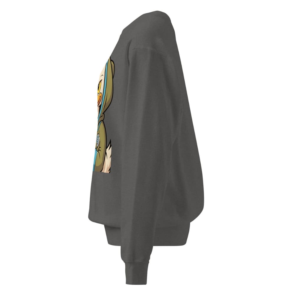 Gray sweatshirt with a colorful graphic on the back against a white background