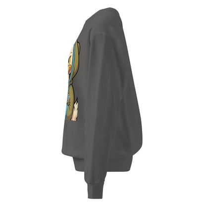 Gray sweatshirt with a colorful graphic on the back against a white background