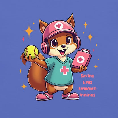 Cute squirrel nurse cartoon in scrubs, pink cap, and headset holding a softball and medical kit with the phrase “Saving Lives Between Innings” — printed on a heavyweight cotton t-shirt