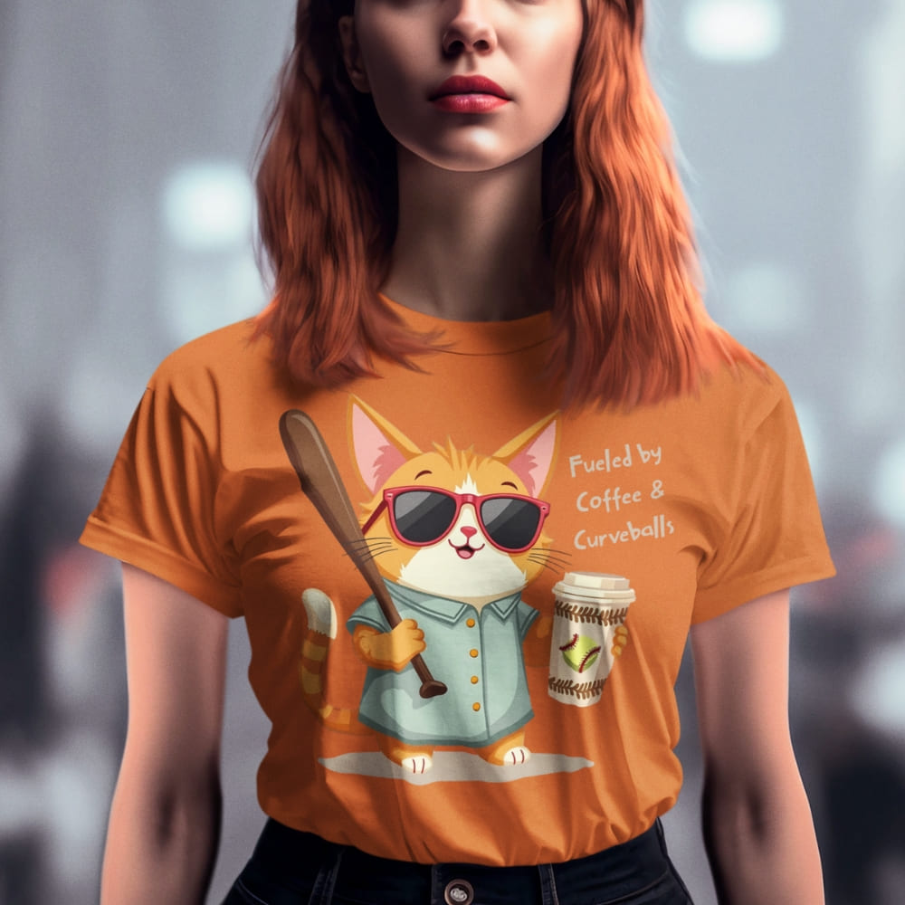 Cool cat with sunglasses holding a softball bat and coffee cup, beside text “Fueled by Coffee & Curveballs” – printed on soft heavyweight t-shirt for sporty moms