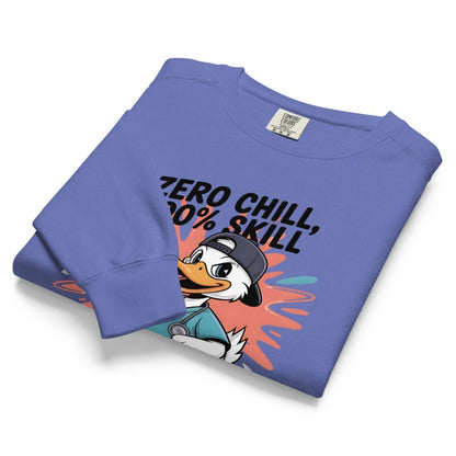 Folded blue sweatshirt with cartoon character and text on a white background