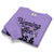 Folded purple sweatshirt with text and graphics on a white background