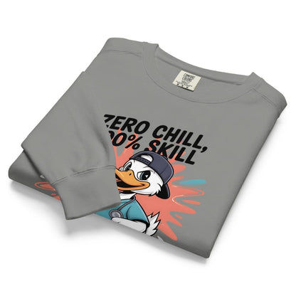 Folded gray sweatshirt with cartoon duck design and text on a white background