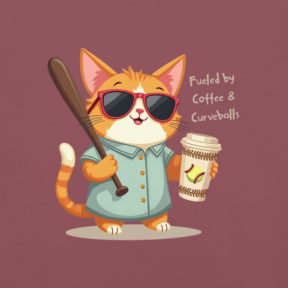 Cool cat with sunglasses holding a softball bat and coffee cup, beside text “Fueled by Coffee & Curveballs” – printed on soft heavyweight t-shirt for sporty moms