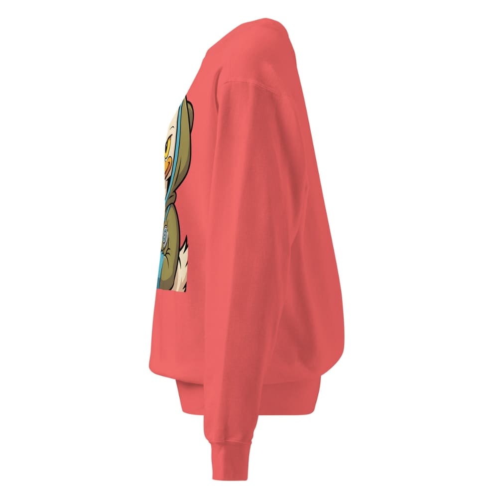 Red sweatshirt with a colorful graphic on the back against a white background