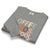 Folded gray sweatshirt with colorful text design on a white background