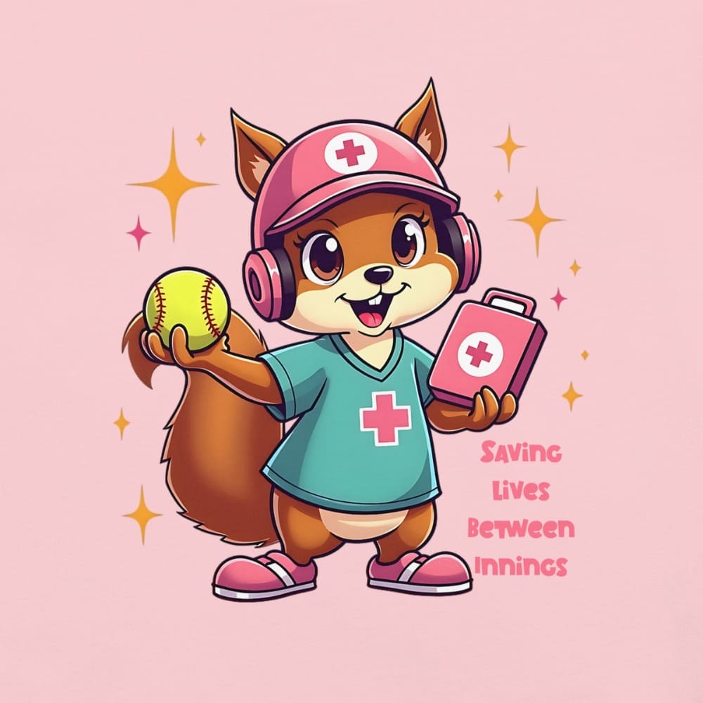 Cute squirrel nurse cartoon in scrubs, pink cap, and headset holding a softball and medical kit with the phrase “Saving Lives Between Innings” — printed on a heavyweight cotton t-shirt