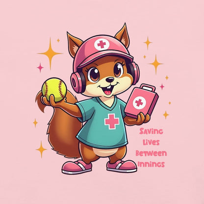 Cute squirrel nurse cartoon in scrubs, pink cap, and headset holding a softball and medical kit with the phrase “Saving Lives Between Innings” — printed on a heavyweight cotton t-shirt