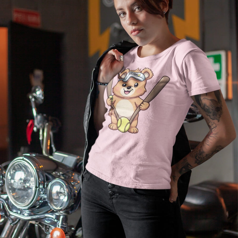 Cartoon bear holding softball bats and ball wearing a visor labeled “Softball” – printed on garment-dyed heavyweight t-shirt for sporty moms