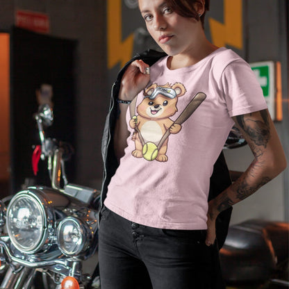 Cartoon bear holding softball bats and ball wearing a visor labeled “Softball” – printed on garment-dyed heavyweight t-shirt for sporty moms