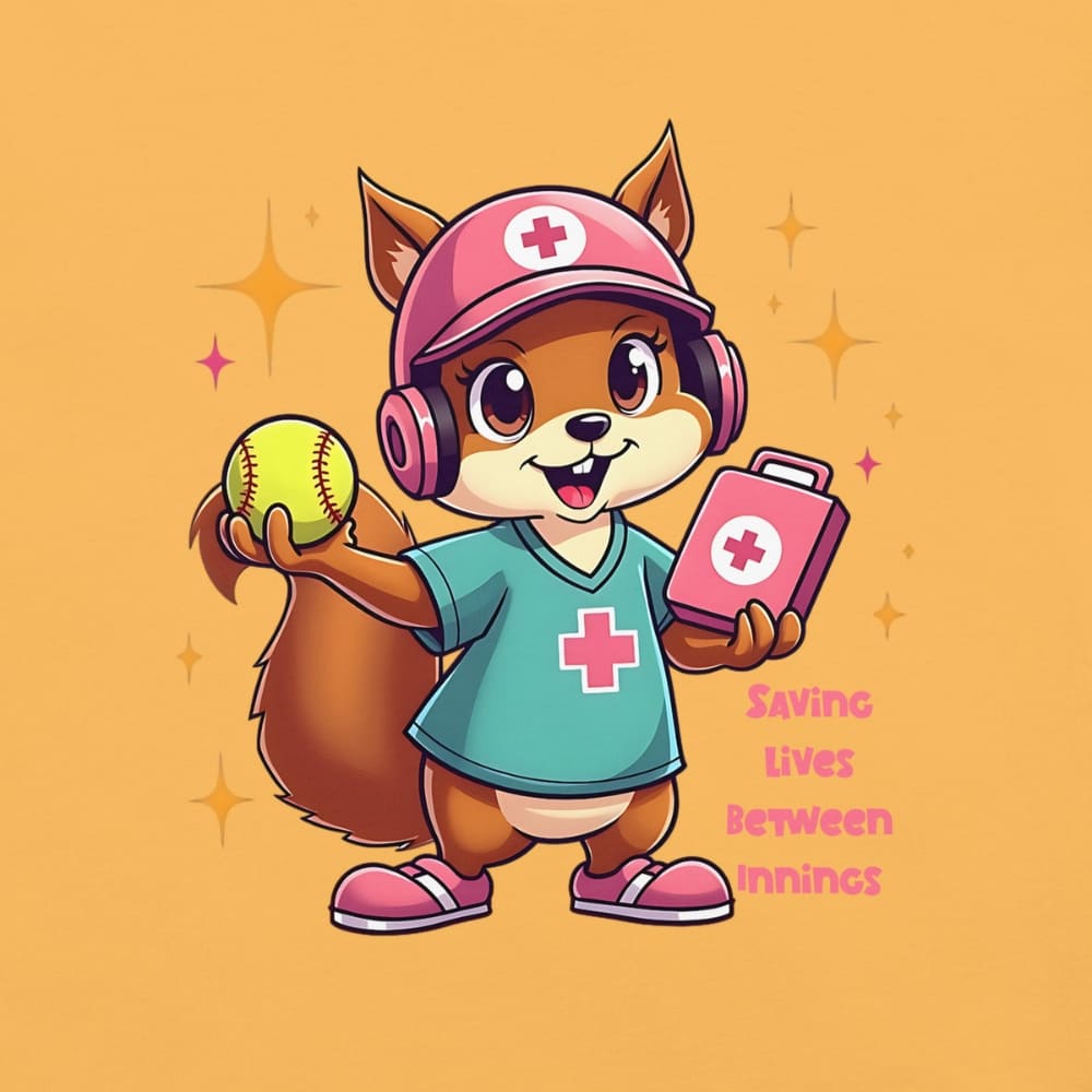 Cute squirrel nurse cartoon in scrubs, pink cap, and headset holding a softball and medical kit with the phrase “Saving Lives Between Innings” — printed on a heavyweight cotton t-shirt